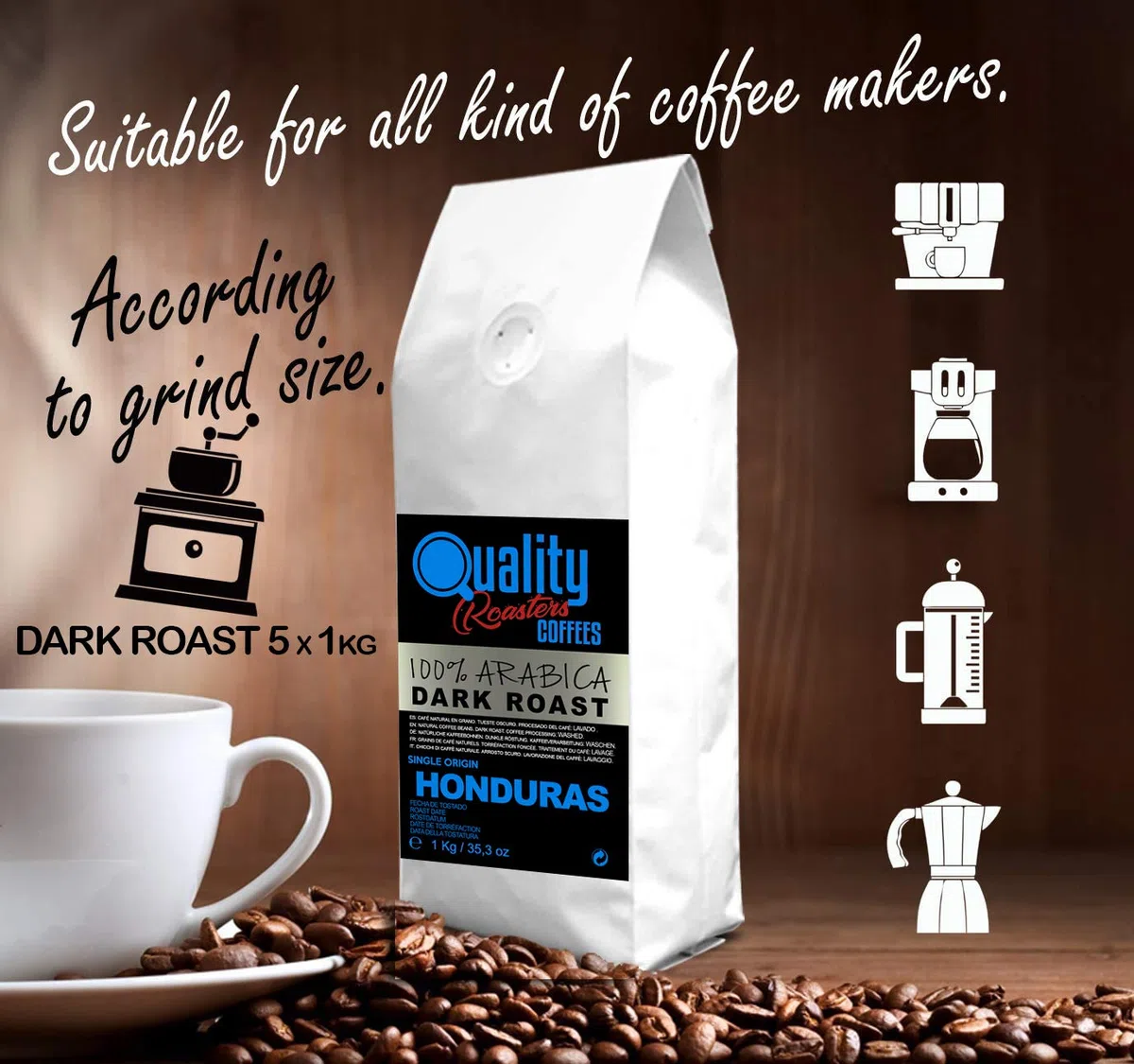 Quality Roasters Coffees. Grains de café naturels. Rôti Noir. 100% Arabica. Origine unique Honduras. Rôti à la main. Dark Roast. (5 Kg)